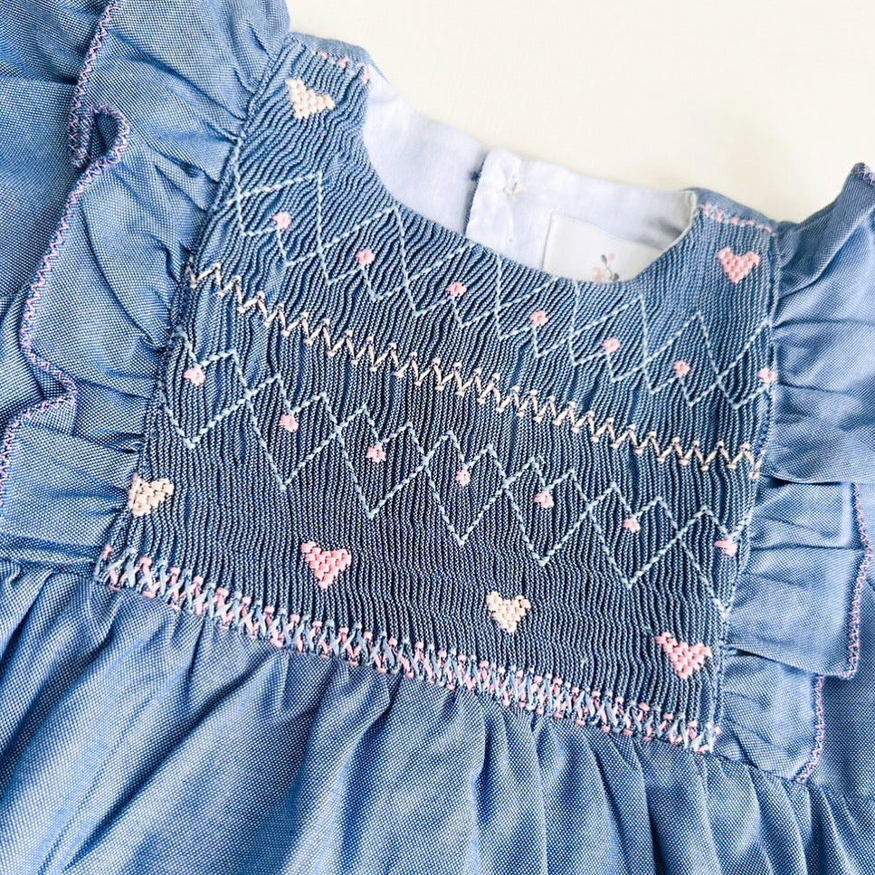 Chambray Hearts Smocked Ruffle Bubble