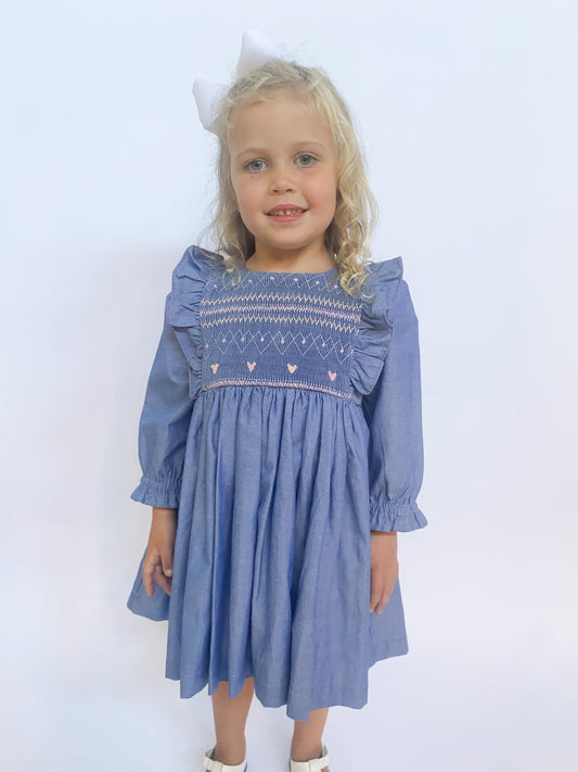 Chambray Hearts Ruffle Dress