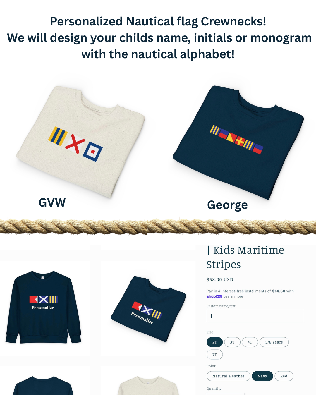 Personalized Nautical Signal Flag Design Toddler Sweatshirt | Kids Maritime Stripes